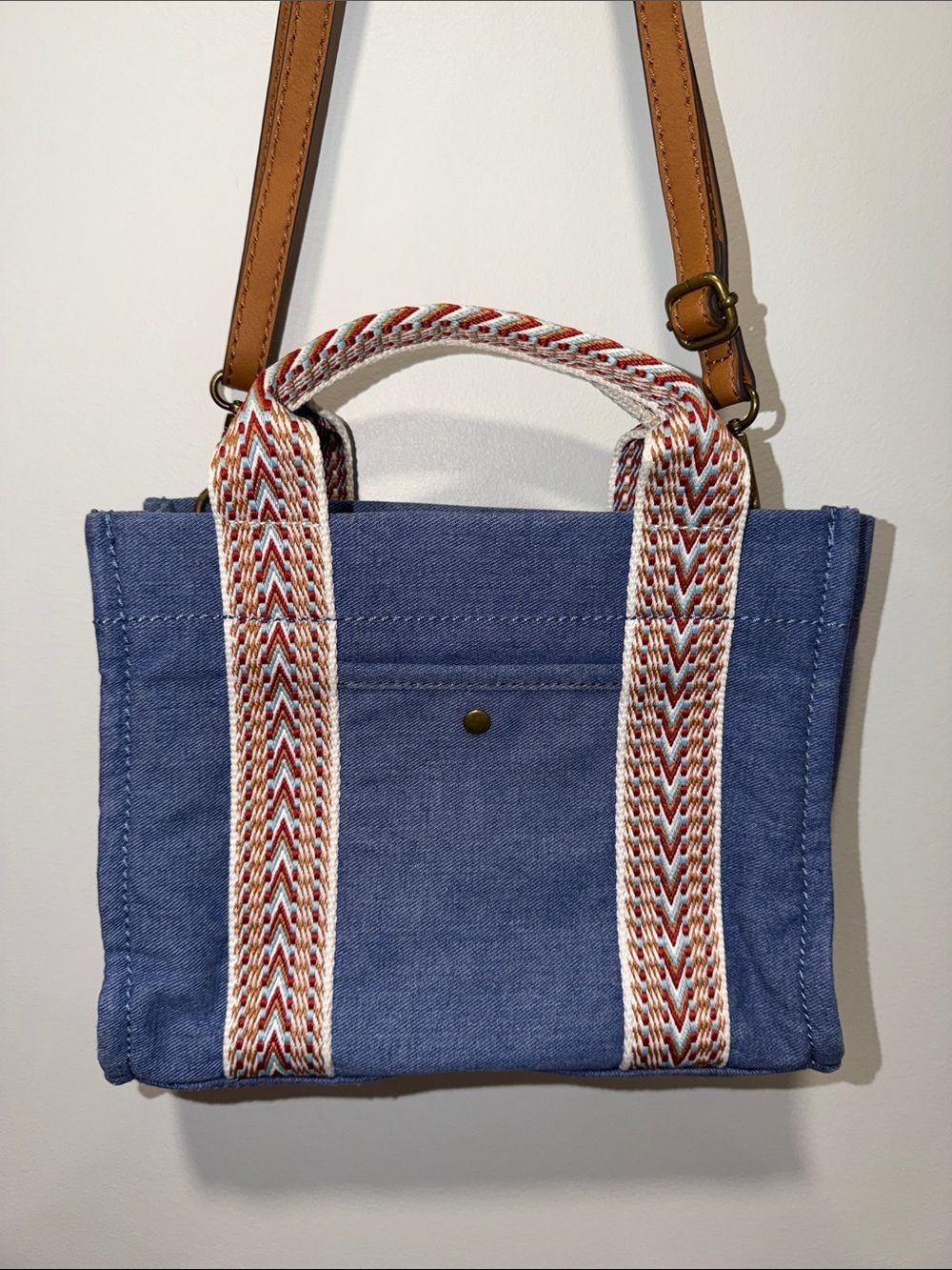 a.n.a. Chambray Blue Brown Western Trim Faux Leather Crossbody Strap Mini Tote